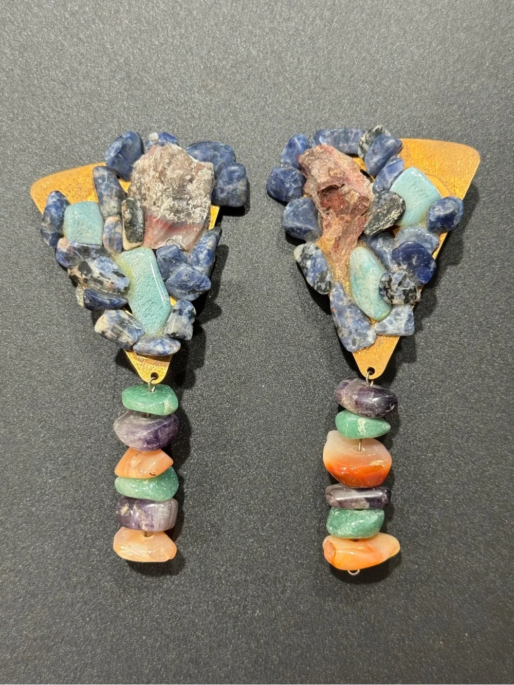 Maximalist Boho Mosaic Gemstone Semi-precious Stones Runway Dangle Earrings‎